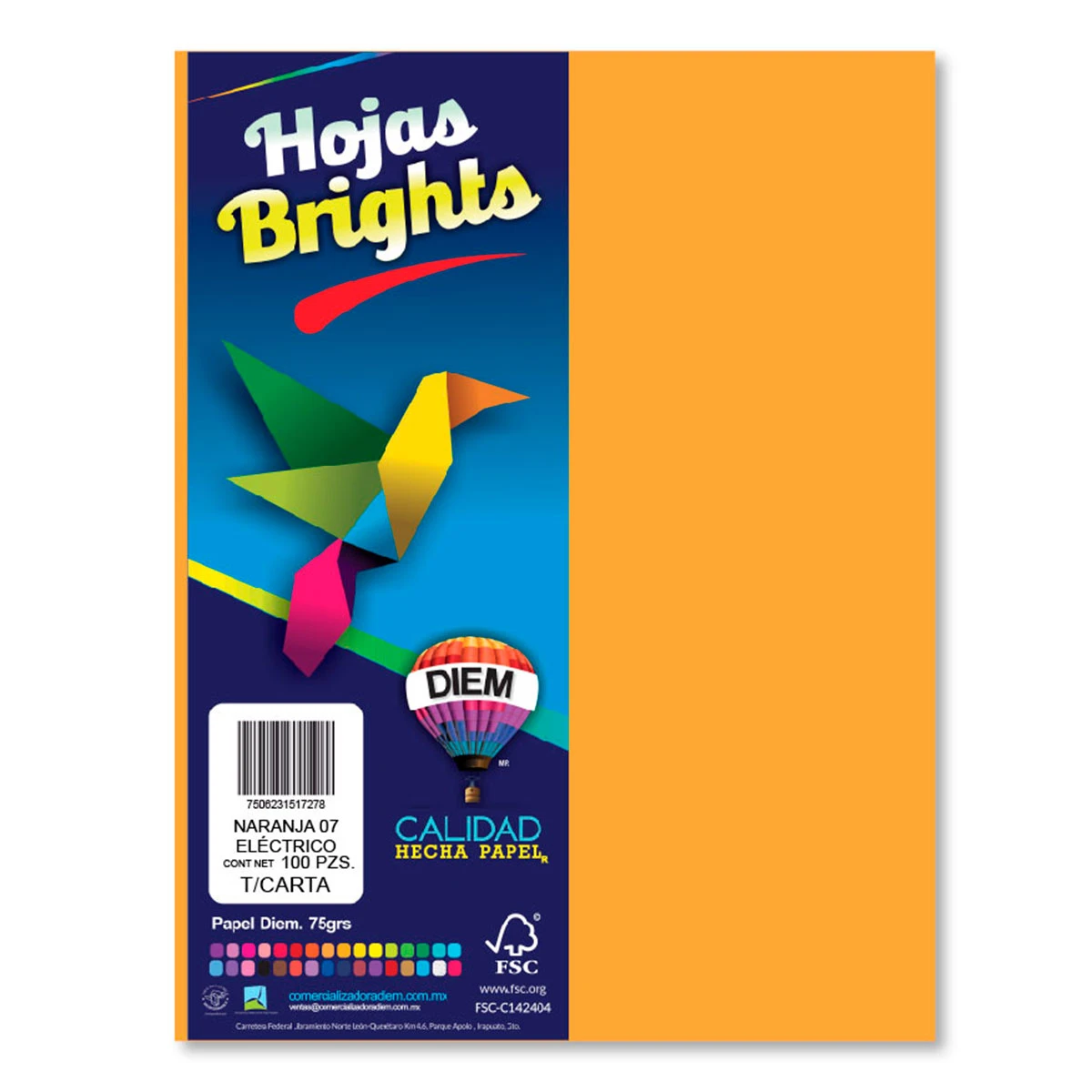 HOJA CARTA FLUORESCENTE C/100 100F07 NARANJA ELECTRICO