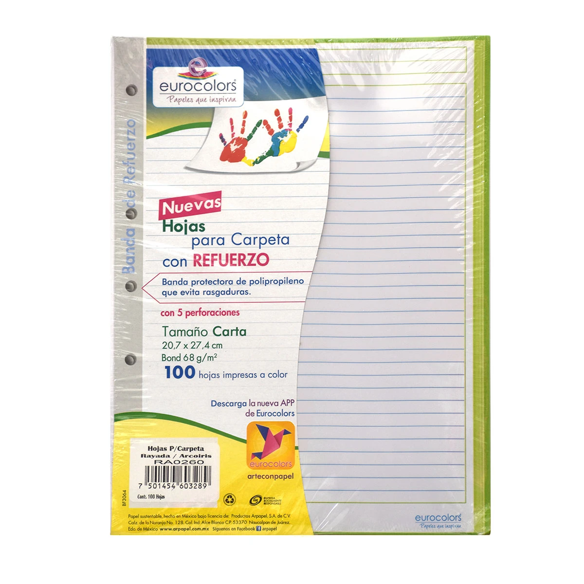 HOJA PARA CARPETA CARTA C/100 C/REFUERZO RAYA