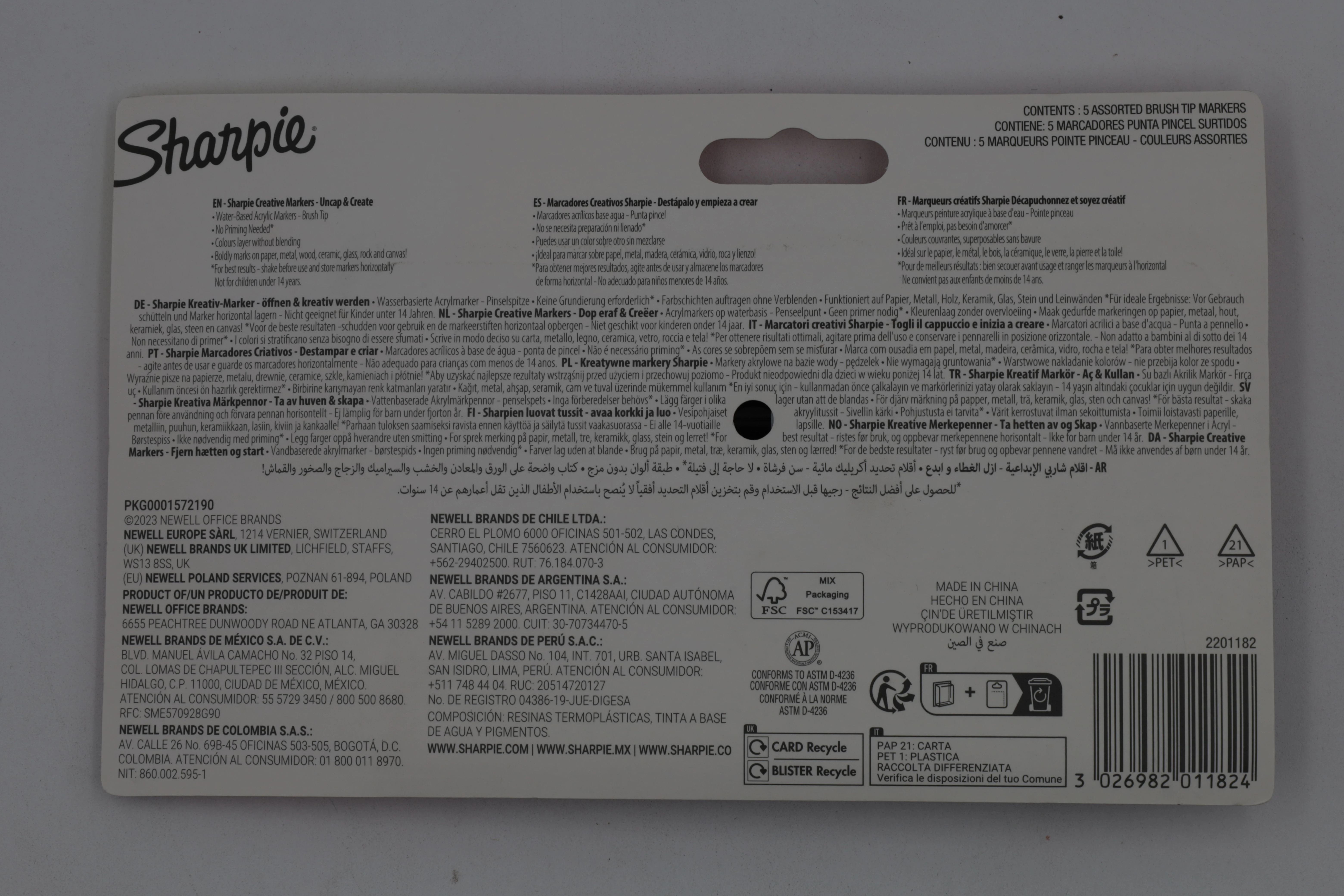 MARCADOR SHARPIE TINTA ACRILICA C/5 PUNTA PINCEL