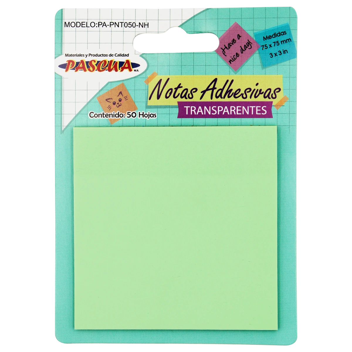NOTA ADHESIVA 3X3" 50HJS TRANSPARENTE VERDE PISTACHE